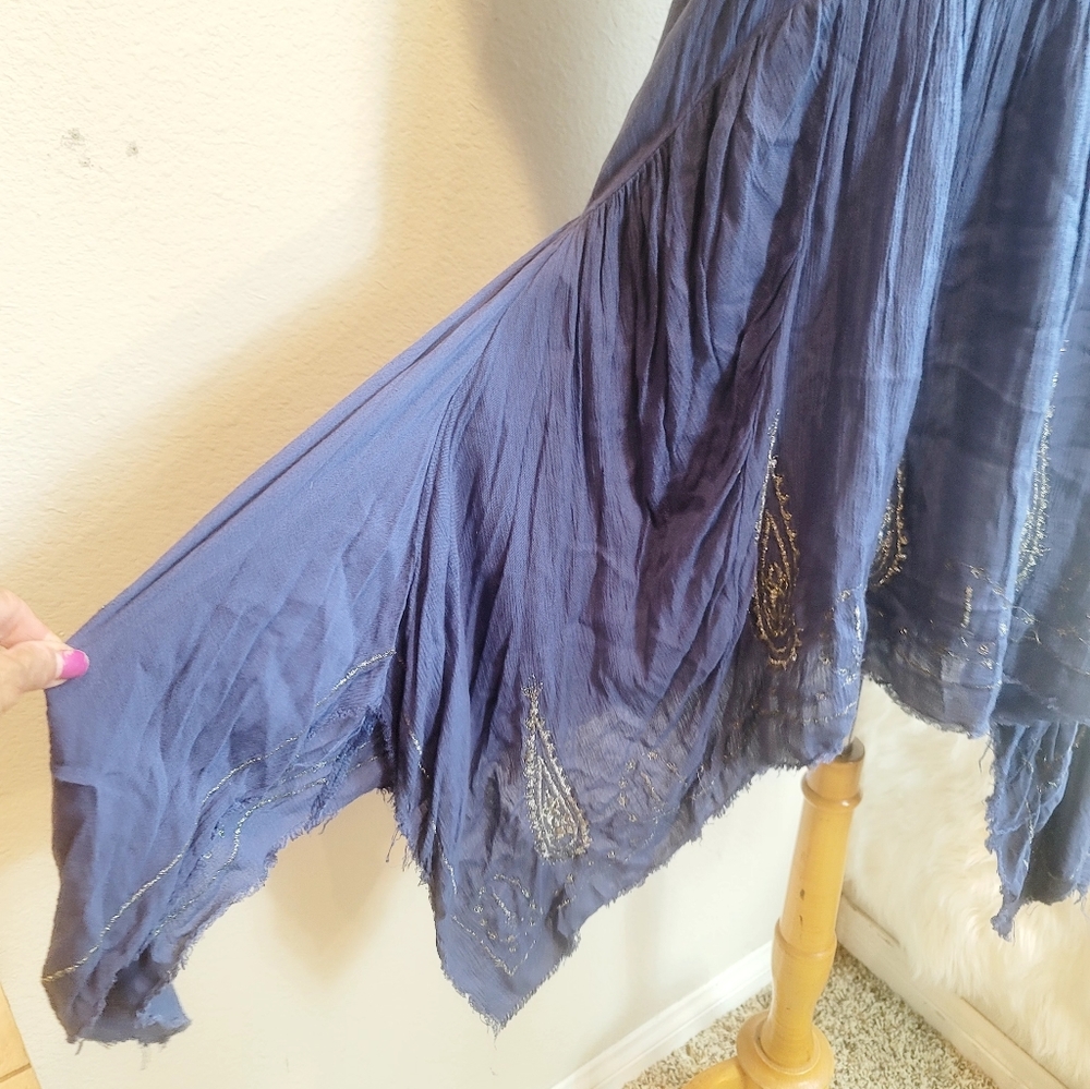 FREE PEOPLE MEADOW MEDALLION SLIP HANDKERCHIEF BLUE & SILVER EMBROIDERY BOHEMIAN - Picture 9 of 14